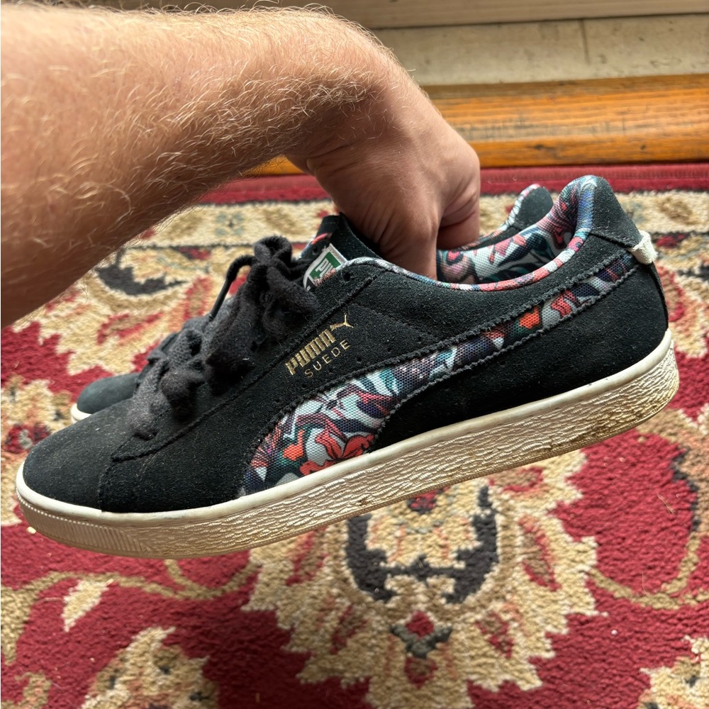 Puma Suede Black Sneakers with Patterned Trim